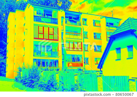 High flat house behind family house in Infrared thermovision scan High flat house behind family house in Infrared thermovision scan 80650067