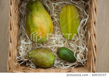 Big basket of fresh tropical fruits, carambola, papaya, feijoa, prickly pear or opuntia. Exotic fruits, healthy eating concept 80650547