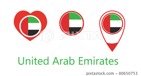 National flag of Arab Emirates, round icon, heart icon and location sign National flag of Arab Emirates, round icon, heart icon and location sign 80650753
