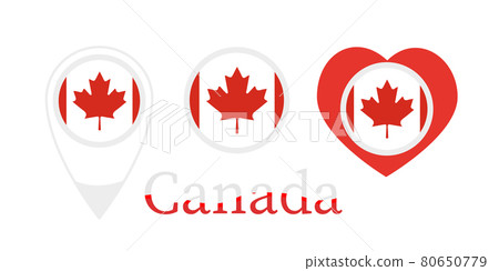 National flag of Canada, round icon, heart icon and location sign National flag of Canada, round icon, heart icon and location sign 80650779