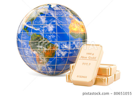 Earth Globe with gold bars, 3D rendering Earth Globe with gold bars, 3D rendering 80651055
