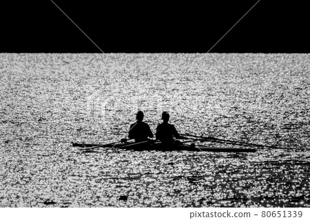 Double scull regatta silhouette in the setting sun Double scull regatta silhouette in the setting sun 80651339