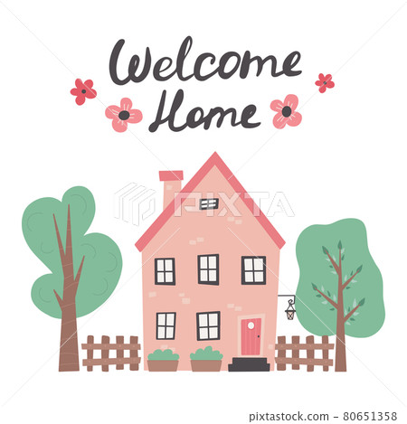 Welcome home lettering with cute house Hand drawn trendy illustration Welcome home lettering with cute house Hand drawn trendy illustration 80651358