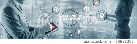 Man clicks on the inscription INFLUENCER MARKETING Man clicks on the inscription INFLUENCER MARKETING 80651392