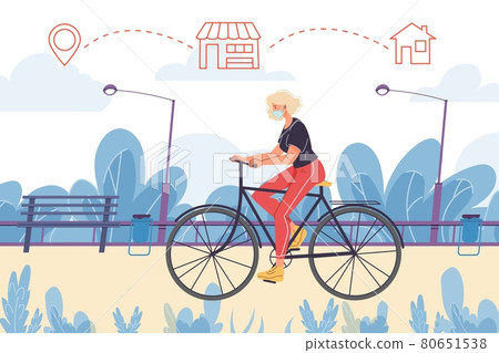 Flat cartoon boy character rides bicycle during coronavirus pandemic quarantine,vector illustration concept Flat cartoon boy character rides bicycle during coronavirus pandemic quarantine,vector illustration concept 80651538