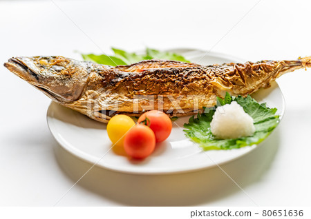 Grilled whole mackerel with salt Grilled whole mackerel with salt 80651636