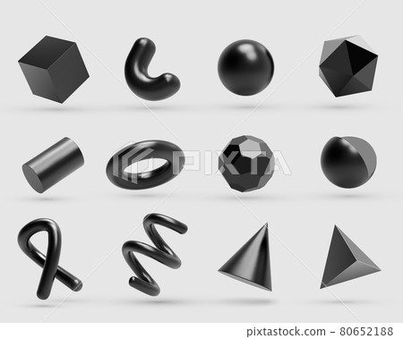 Realistic 3D black metal Geometric Shapes Objects. Realistic geometry elements isolated on white Realistic 3D black metal Geometric Shapes Objects. Realistic geometry elements isolated on white 80652188