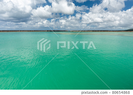 Stunning emerald green sea, wavy surface, blue sky clouds. Southern Japan. Stunning emerald green sea, wavy surface, blue sky clouds. Southern Japan. 80654868