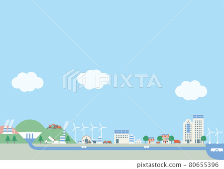 Renewable energy such as solar power and wind power. From the mountains to the sea. Suburbs and cities 80655396