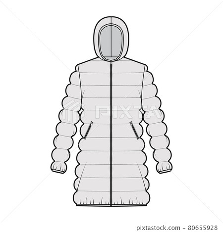 Hooded jacket Down puffer coat technical fashion illustration with zip-up closure, thigh length, classic quilting 80655928
