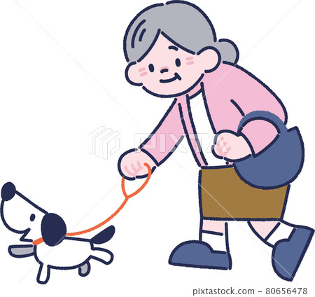 Grandmother walking a dog 80656478