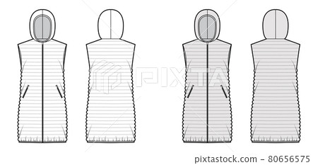 Down vest puffer waistcoat technical fashion illustration with sleeveless, hoody collar, loose fit, narrow quilting 80656575