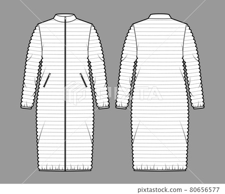 Down puffer coat jacket technical fashion illustration with stand collar, zip-up closure, pockets, oversize, knee length Down puffer coat jacket technical fashion illustration with stand collar, zip-up closure, pockets, oversize, knee length 80656577