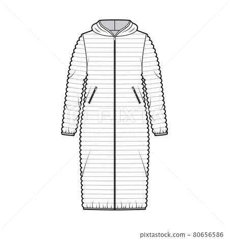 Hooded jacket Down puffer coat technical fashion illustration with long sleeves, pockets, oversized, knee length 80656586