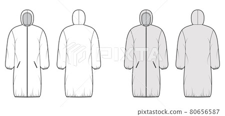 Hooded jacket Down puffer coat technical fashion illustration with zip-up closure, pockets, boxy fit, knee length Hooded jacket Down puffer coat technical fashion illustration with zip-up closure, pockets, boxy fit, knee length 80656587