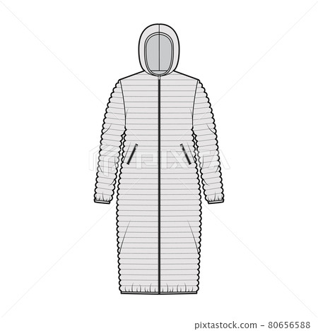 Hooded jacket Down puffer coat technical fashion illustration with long sleeves, pockets, oversized, knee length Hooded jacket Down puffer coat technical fashion illustration with long sleeves, pockets, oversized, knee length 80656588