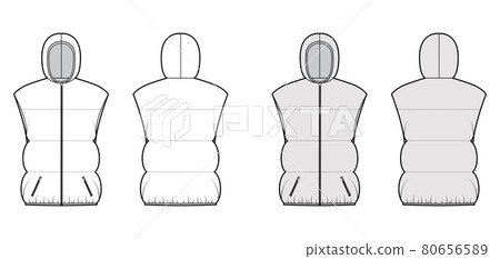 Down vest puffer waistcoat technical fashion illustration with hoody collar, zip-up closure, hip length, wide quilting Down vest puffer waistcoat technical fashion illustration with hoody collar, zip-up closure, hip length, wide quilting 80656589