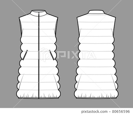 Down vest puffer waistcoat technical fashion illustration with sleeveless, stand collar, loose body, thigh length Down vest puffer waistcoat technical fashion illustration with sleeveless, stand collar, loose body, thigh length 80656596