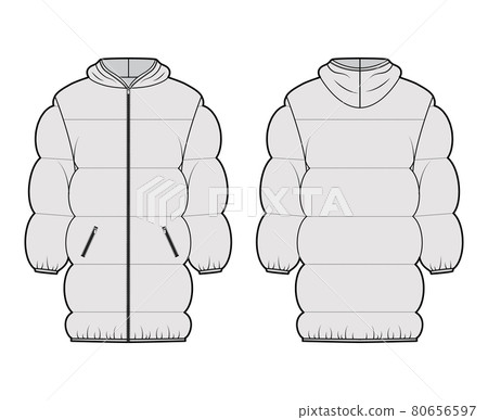 Down puffer jacket coat technical fashion illustration with hoody collar, zip-up closure, oversized, thigh length Down puffer jacket coat technical fashion illustration with hoody collar, zip-up closure, oversized, thigh length 80656597