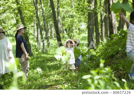 Nursery teachers and children playing in the forest 80657226