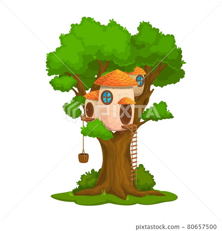 Cartoon fairy house, dwelling on oak tree Cartoon fairy house, dwelling on oak tree 80657500