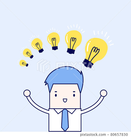 Businessman with different size of idea bulbs. Cartoon character thin line style vector. 80657830