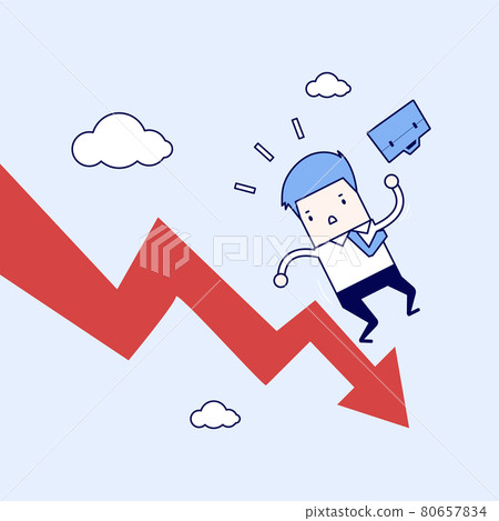 Businessman on falling down chart. Cartoon character thin line style vector. 80657834