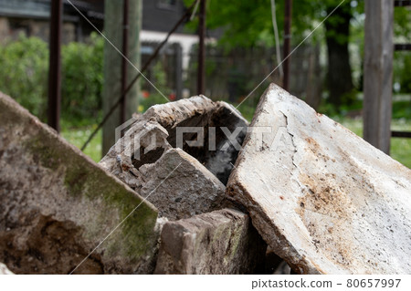 Concrete debris. Construction waste pile, collection and recycling 80657997