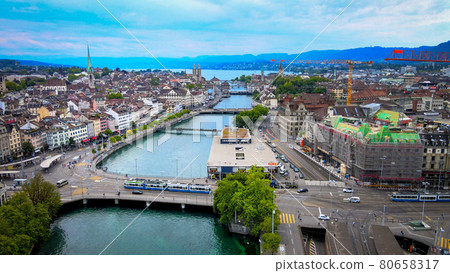 Flight over River Limmat in Zurich Switzerland Flight over River Limmat in Zurich Switzerland 80658317