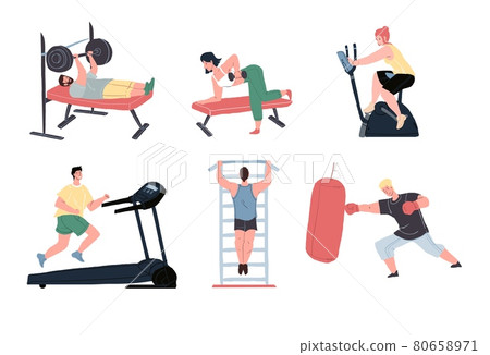 Cartoon flat healthy characters set doing sport workout at gym, vector illustration Cartoon flat healthy characters set doing sport workout at gym, vector illustration 80658971