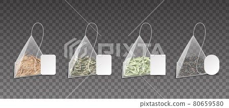 Tea bags. Realistic pyramids. 3D teabags for brewing green or black and herbal beverages. Packs set with cardboard blank labels mockup. Dry leaves in triangles. Vector Chinese drink Tea bags. Realistic pyramids. 3D teabags for brewing green or black and herbal beverages. Packs set with cardboard blank labels mockup. Dry leaves in triangles. Vector Chinese drink 80659580