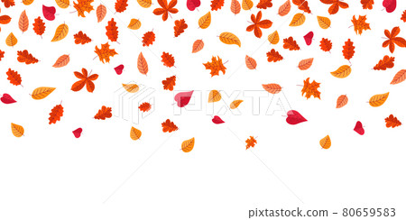 Falling leaves. Autumn background with red and orange flying maple foliage. Yellow oak or chestnut branches. Cartoon forest plants. Nature season. Vector October botanical elements 80659583