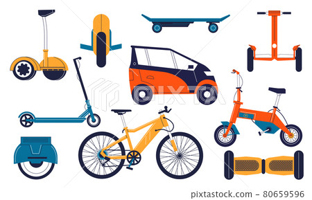 Electric transport. Cartoon personal electrical vehicles. Balanced monowheel and gyroscooter. Isolated bicycle or ecological automobile. Hoverboard and electro-scooter. Vector bikes set 80659596