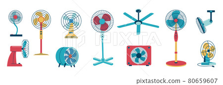 Air cooling fan. Electric home and office conditioning devices. Cartoon domestic climate system. Floor and desktop rotating blower. Isolated ventilators set. Vector household equipment 80659607