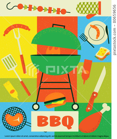 Picnic poster. Cartoon summer weekend background with kicked basket. Barbecue food and drinks. Restaurant grill menu. BBQ flyer concept. Vector camping outdoor recreation illustration 80659656