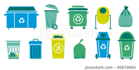 Trash can. Containers for glass organic and paper garbage. Metal waste bins and plastic rubbish bags. Isolated buckets for sorting recyclable litter. Vector blue and green dustbins set Trash can. Containers for glass organic and paper garbage. Metal waste bins and plastic rubbish bags. Isolated buckets for sorting recyclable litter. Vector blue and green dustbins set 80659660