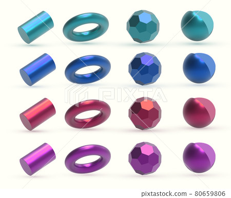 Realistic 3D colorful metal Geometric Shapes Objects. Realistic geometry elements isolated on white 80659806