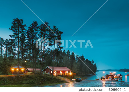 Sweden. Sweden. Beautiful Red Swedish Wooden Log Cabin House On Rocky Island Coast In Summer Night Evening. Lake Or River Landscape. Beautiful Wooden Pier Near Lake In Summer Evening Night. Lake Or Sweden. Sweden. Beautiful Red Swedish Wooden Log Cabin House On Rocky Island Coast In Summer Night Evening. Lake Or River Landscape. Beautiful Wooden Pier Near Lake In Summer Evening Night. Lake Or 80660641