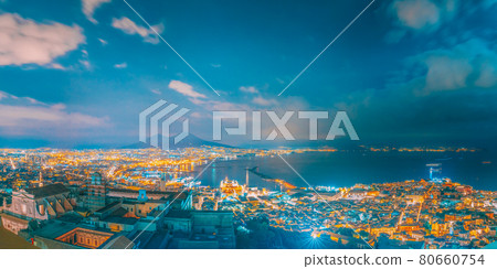 Naples, Italy. Skyline Cityscape In Evening Lighting. Tyrrhenian Sea And Landscape With Volcano Mount Vesuvius. City In Night Illuminations 80660754