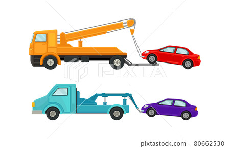 Tow Truck or Wrecker Moving Disabled or Improperly Parked Motor Vehicle Vector Set 80662530