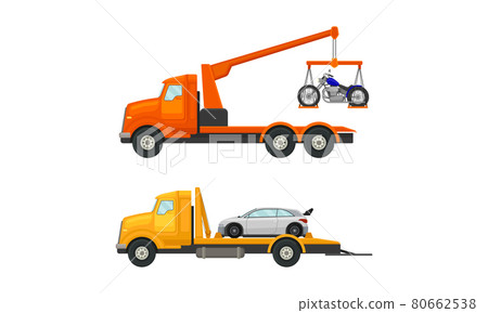 Tow Truck or Wrecker Moving Disabled or Improperly Parked Motor Vehicle Vector Set 80662538