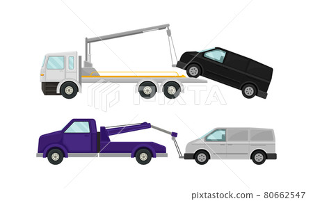 Tow Truck or Wrecker Moving Disabled or Improperly Parked Motor Vehicle Vector Set 80662547