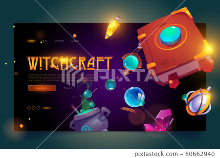 Witchcraft banner with book of spell and cauldron - Stock Illustration ...