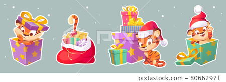 Set of stickers New Year tiger in Santa hat, 2022 80662971