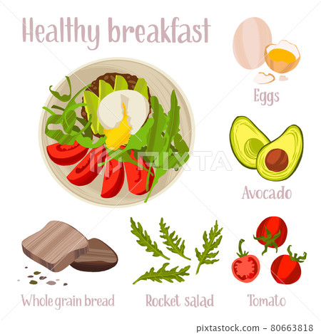 Healthy breakfast hand drawn recipe. Delicious ready dish with ingredients in flat style with dry brush texture. Healthy breakfast hand drawn recipe. Delicious ready dish with ingredients in flat style with dry brush texture. 80663818