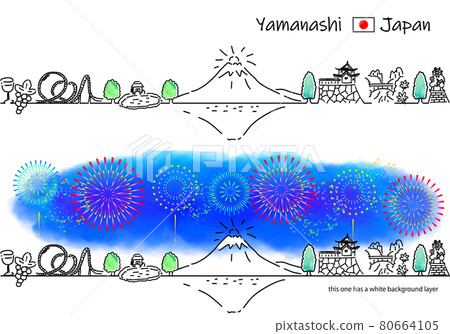 Simple line drawing set of Yamanashi cityscape and fireworks 80664105