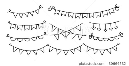 Set of hand drawn holiday buntings. Doodle birthday garland of flags. Children doodle drawing. Isolated vector illustration on white background Set of hand drawn holiday buntings. Doodle birthday garland of flags. Children doodle drawing. Isolated vector illustration on white background 80664582