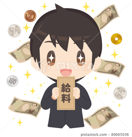一個商務人士的插圖,背景是一大筆錢的工資袋 一個商務人士的插圖,背景是一大筆錢的工資袋 80665036