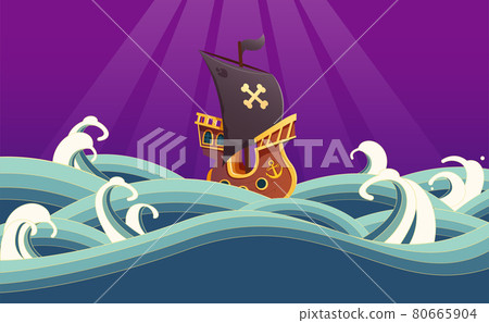 Pirate ship sailing on ocean waves. Cartoon and vector illustration, isolated objects 80665904
