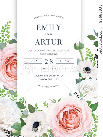 Elegant and stylish floral wedding invite, save the date card design. Vector watercolor illustration. Pink, white rose flowers, anemones, eucalyptus leaves, berries. Editable postcard, banner template 80665933